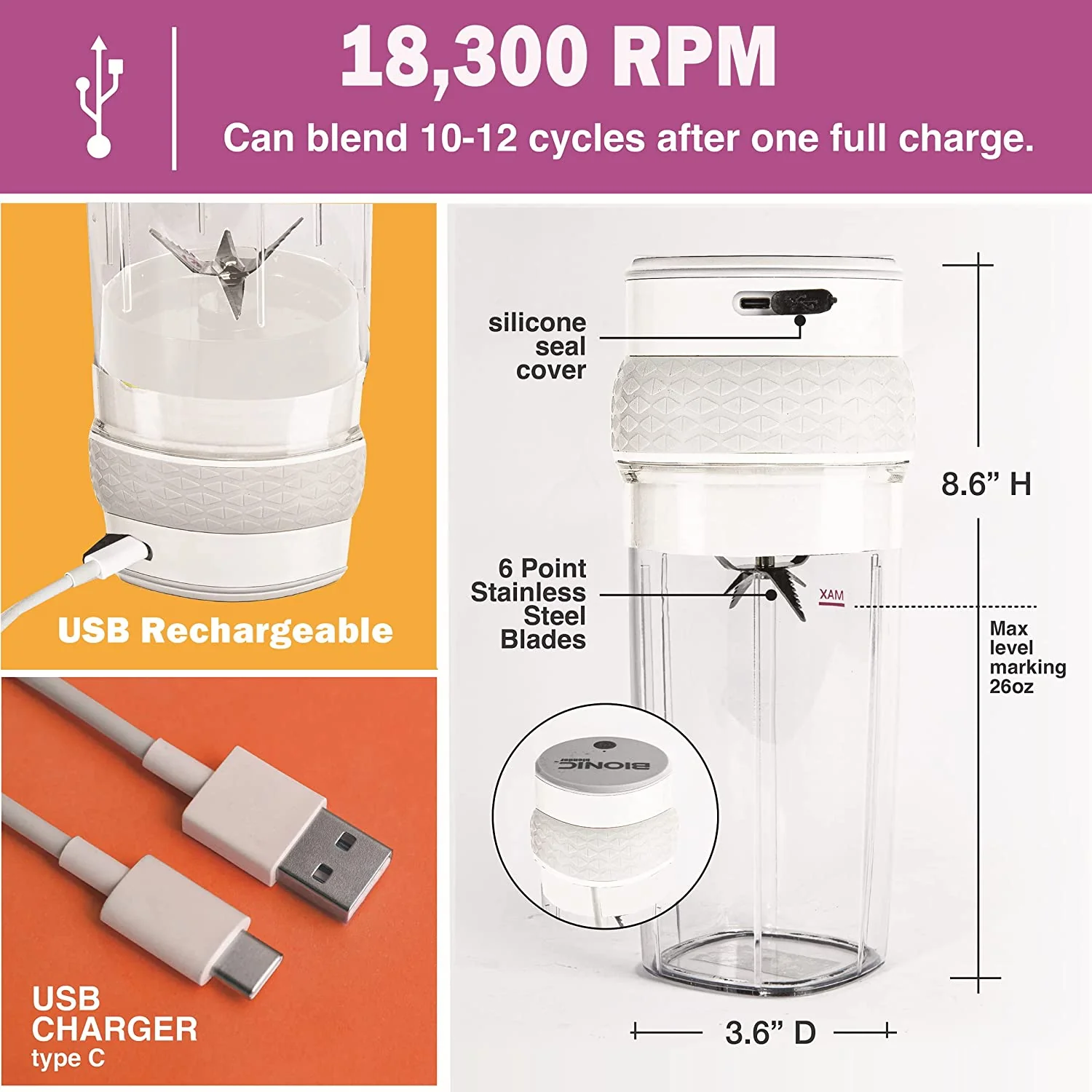 Bionic Blade Portable Blender - 18,000 RPM, USB Rechargeable Battery, Multiple Colors - Image 2