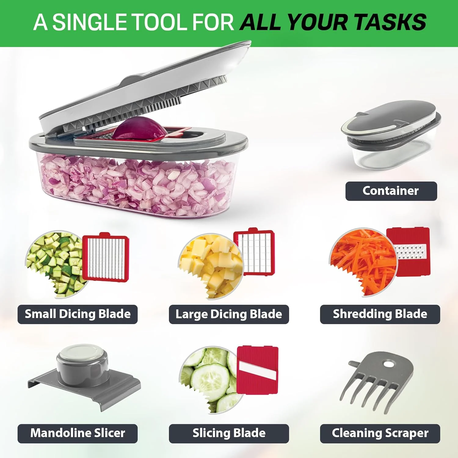 Chopzilla All-in-1 Vegetable Chopper & Mandoline Slicer with Container, 4 Blades & Scraper – Sharp Veggie Cutter, Salad Dicer & Food Chopper - Image 4