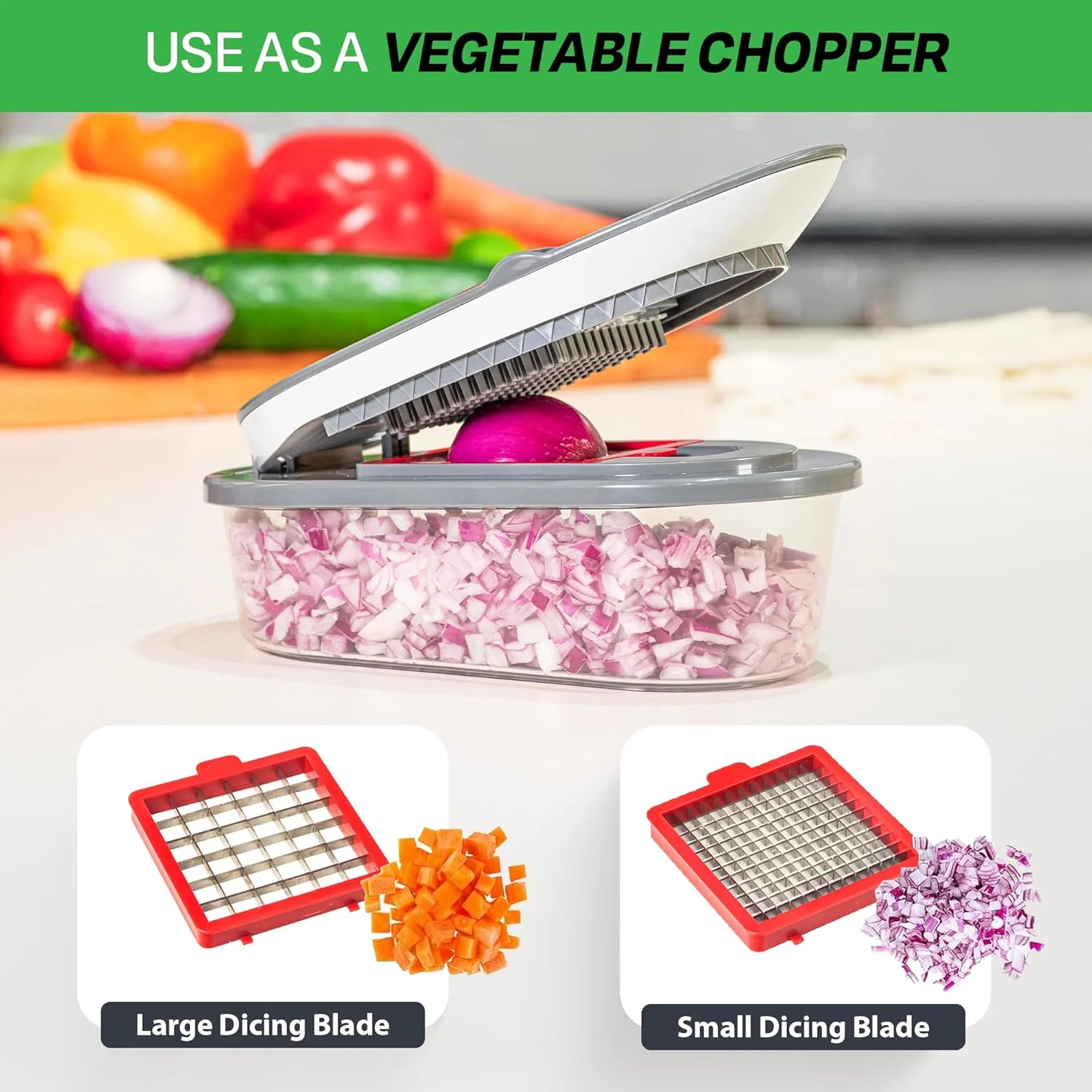 Chopzilla All-in-1 Vegetable Chopper & Mandoline Slicer with Container, 4 Blades & Scraper – Sharp Veggie Cutter, Salad Dicer & Food Chopper - Image 6