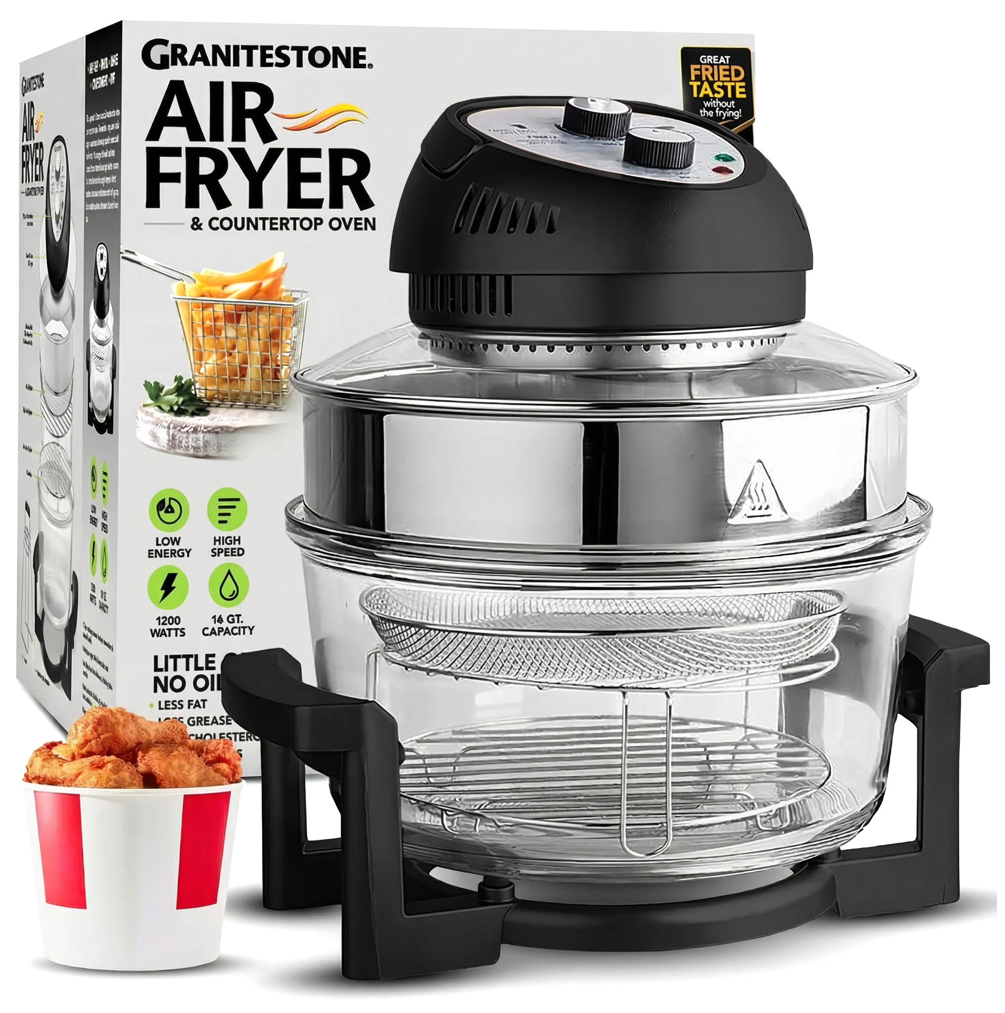 Granitestone Glass Air Fryer XL - Healthier, Crispier Cooking - 16 Quart Extra Large Oil-Less Convection Oven