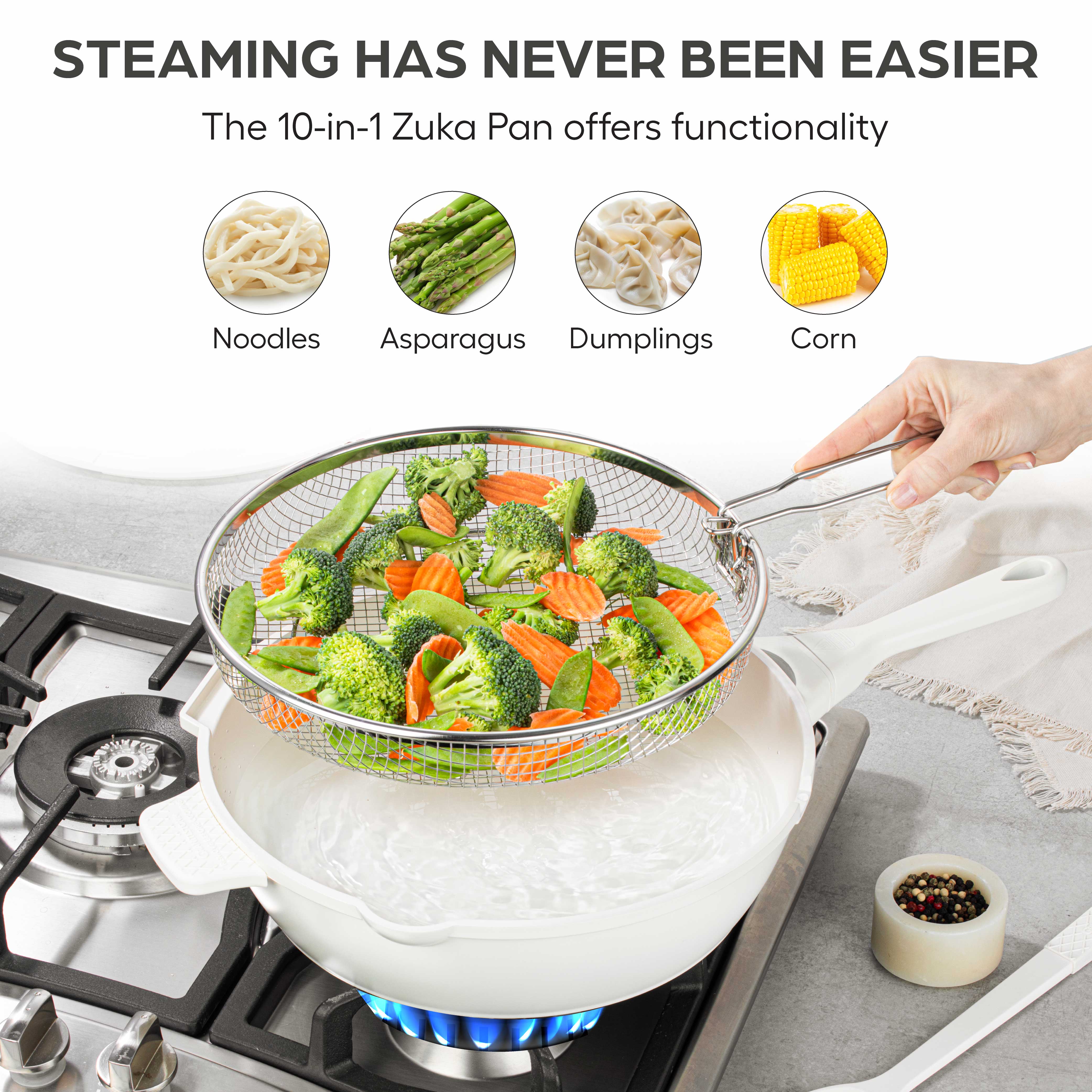 Granitestone 10" Zuka Pan – 6-Piece Multi-Functional Everyday Pan Set with Lid, Nylon Spoon & Steamer Basket - Image 10