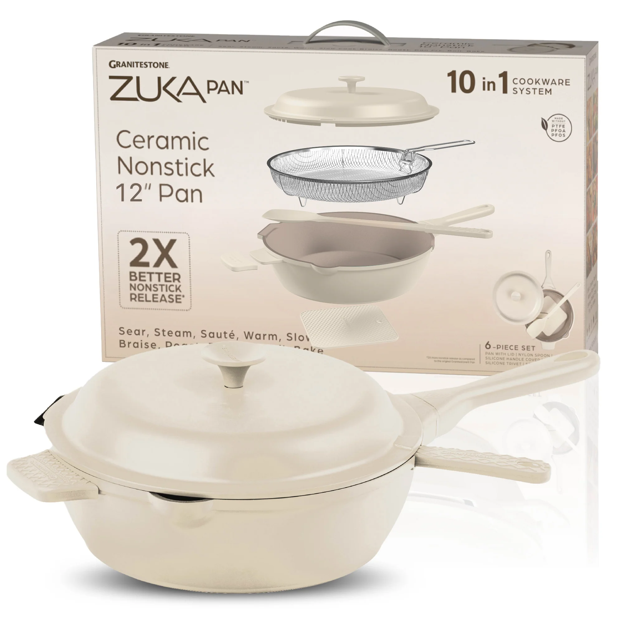 Granitestone 12" Zuka Pan – 6-Piece Multi-Functional Everyday Pan Set with Lid, Nylon Spoon & Steamer Basket - Image 11