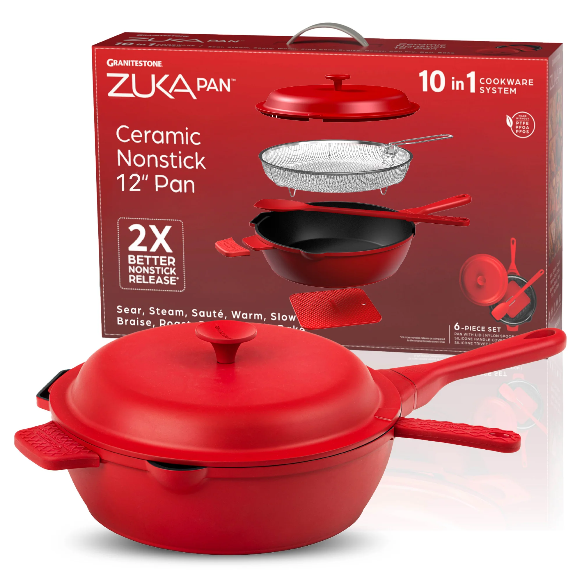 Granitestone 12" Zuka Pan – 6-Piece Multi-Functional Everyday Pan Set with Lid, Nylon Spoon & Steamer Basket - Image 12