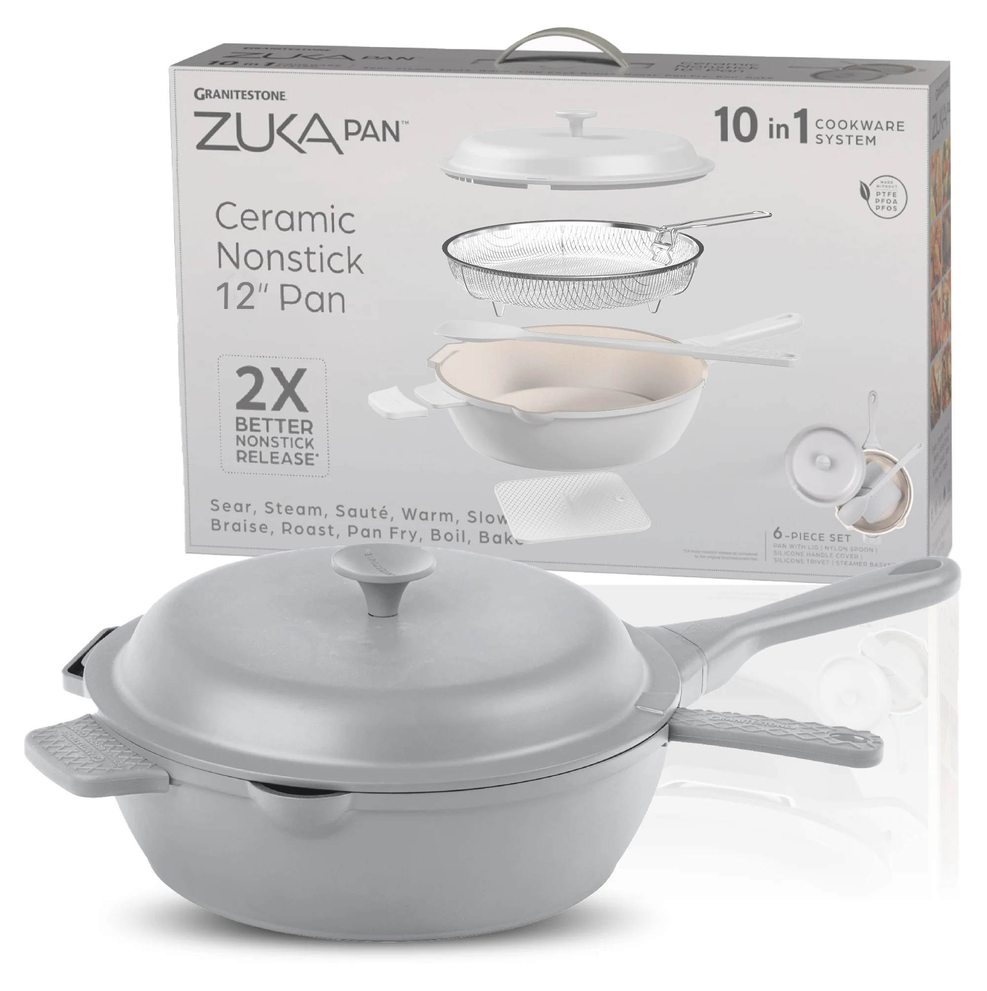 Granitestone 12" Zuka Pan – 6-Piece Multi-Functional Everyday Pan Set with Lid, Nylon Spoon & Steamer Basket - Image 14