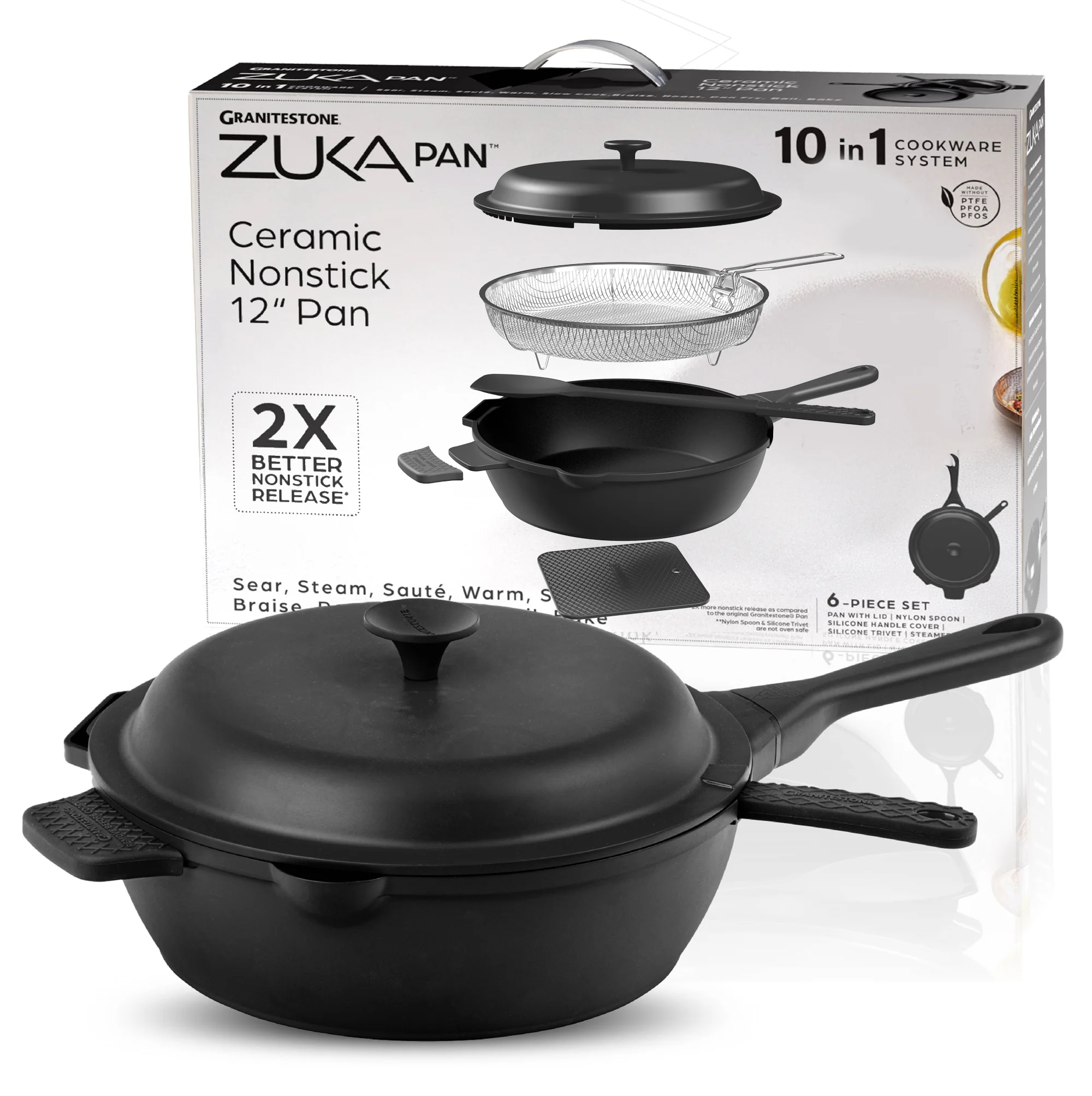 Granitestone 12" Zuka Pan – 6-Piece Multi-Functional Everyday Pan Set with Lid, Nylon Spoon & Steamer Basket - Image 15