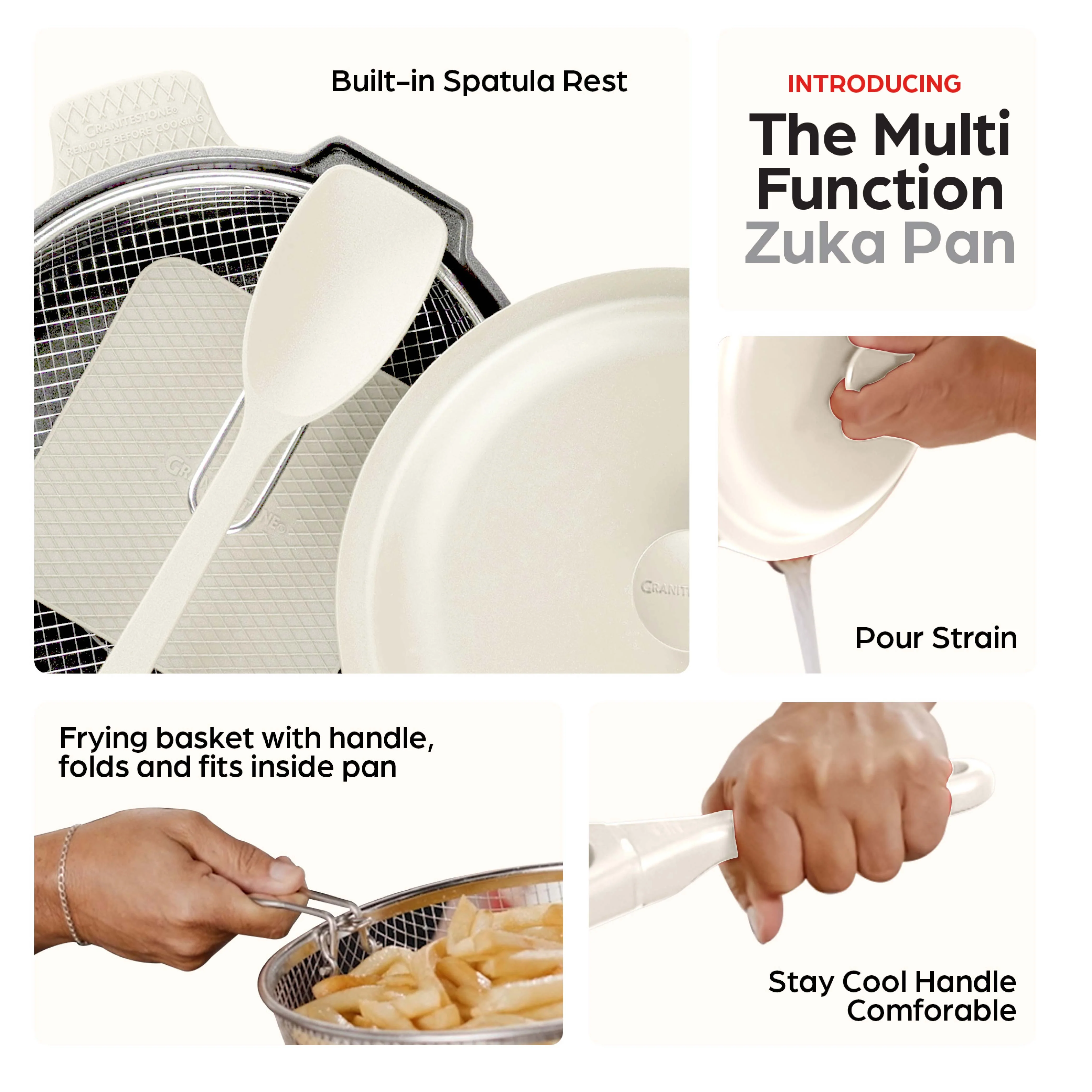 Granitestone 12" Zuka Pan – 6-Piece Multi-Functional Everyday Pan Set with Lid, Nylon Spoon & Steamer Basket - Image 6