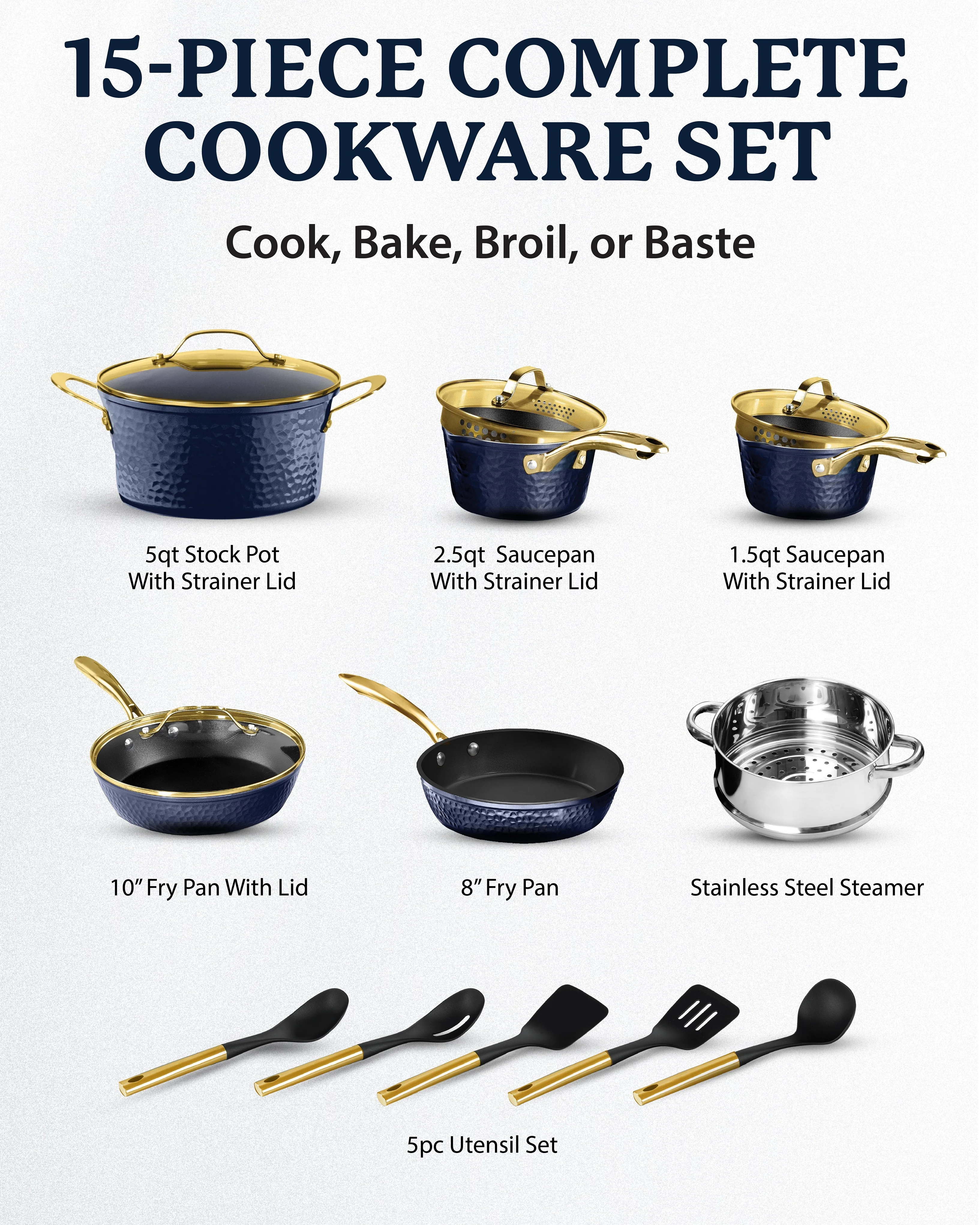 Granitestone Charleston Collection - Hammered Cookware - Pots, Pans, Available in Navy and Black - Image 3