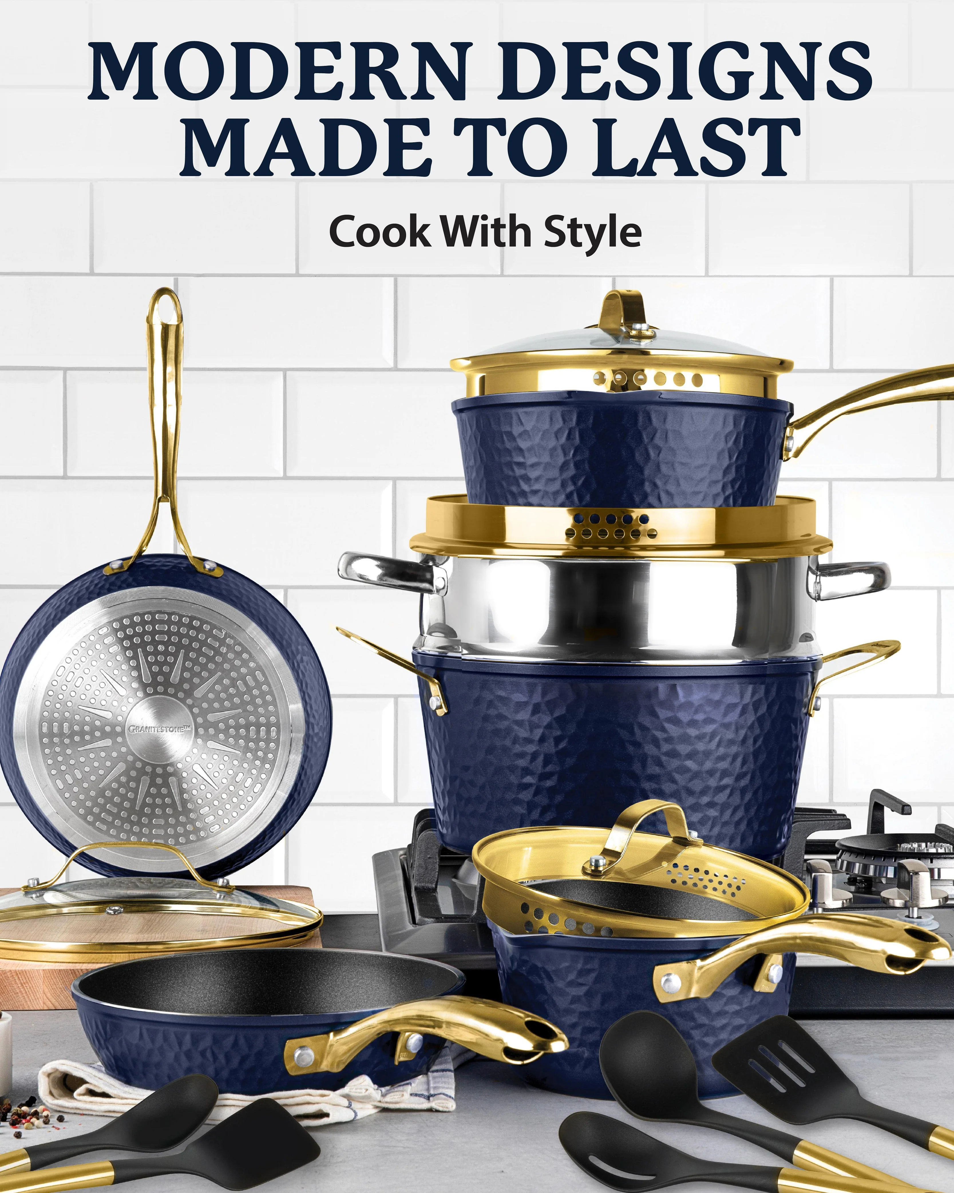 Granitestone Charleston Collection - Hammered Cookware - Pots, Pans, Available in Navy and Black - Image 4